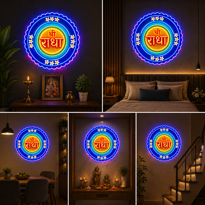 Shri Radha LED Neon Wall Sign with Acrylic Backboard for Temple and Spiritual Home Decor