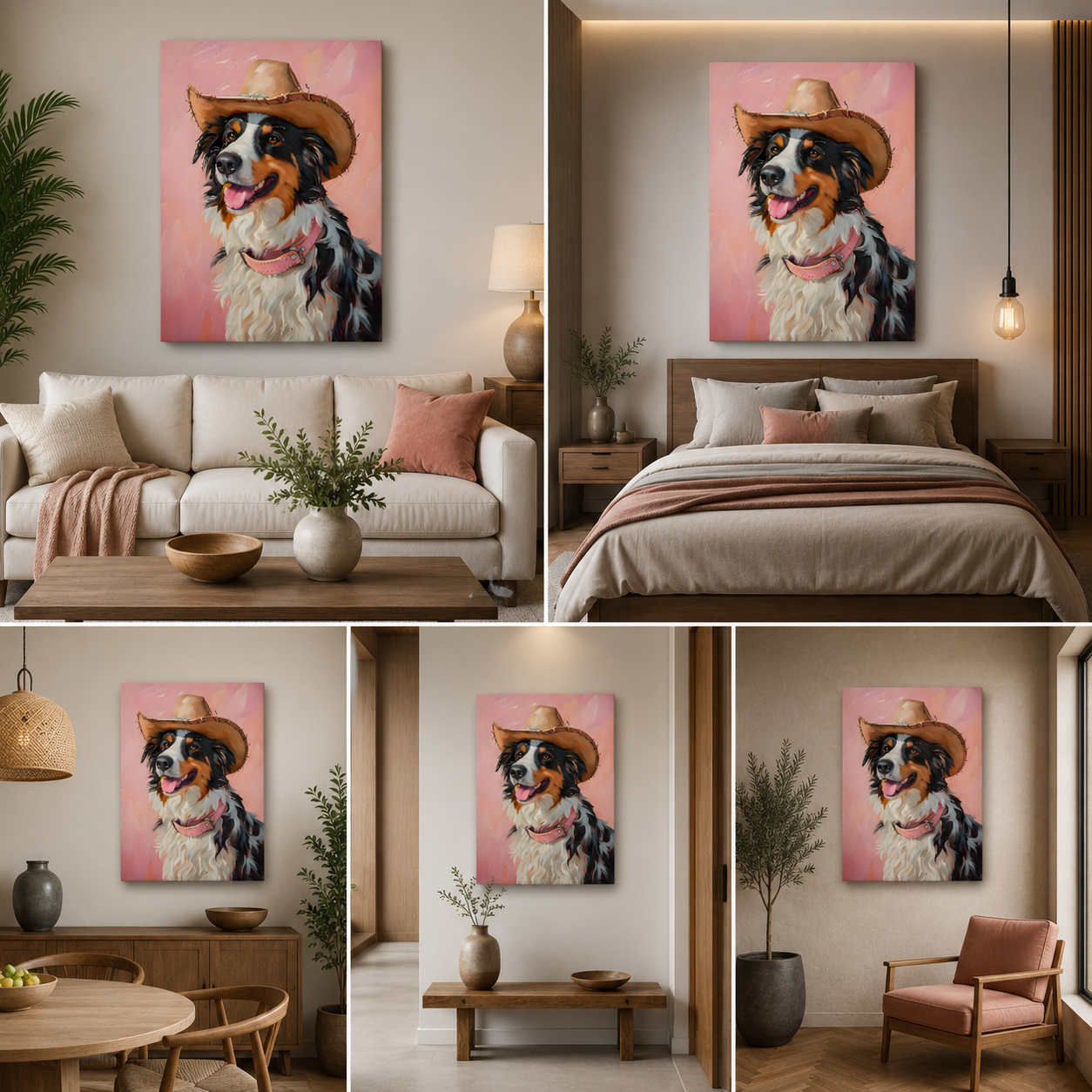 Cute Dog with Cowboy Hat Canvas Painting Frame – Modern Pet Portrait Canvas Wall Art Painting Frame for Living Room Wall Decor