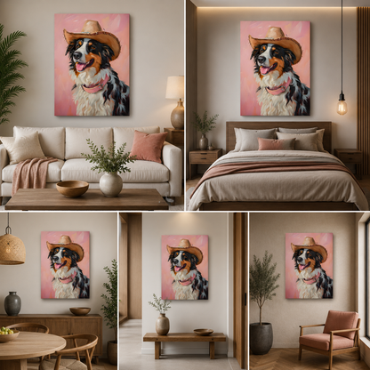 Cute Dog with Cowboy Hat Canvas Painting Frame – Modern Pet Portrait Canvas Wall Art Painting Frame for Living Room Wall Decor