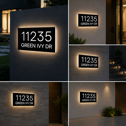 LED Outdoor Address Sign Black Acrylic House Number Plaque Backlit Illuminated Street Name Sign for Gate Pillar and Wall