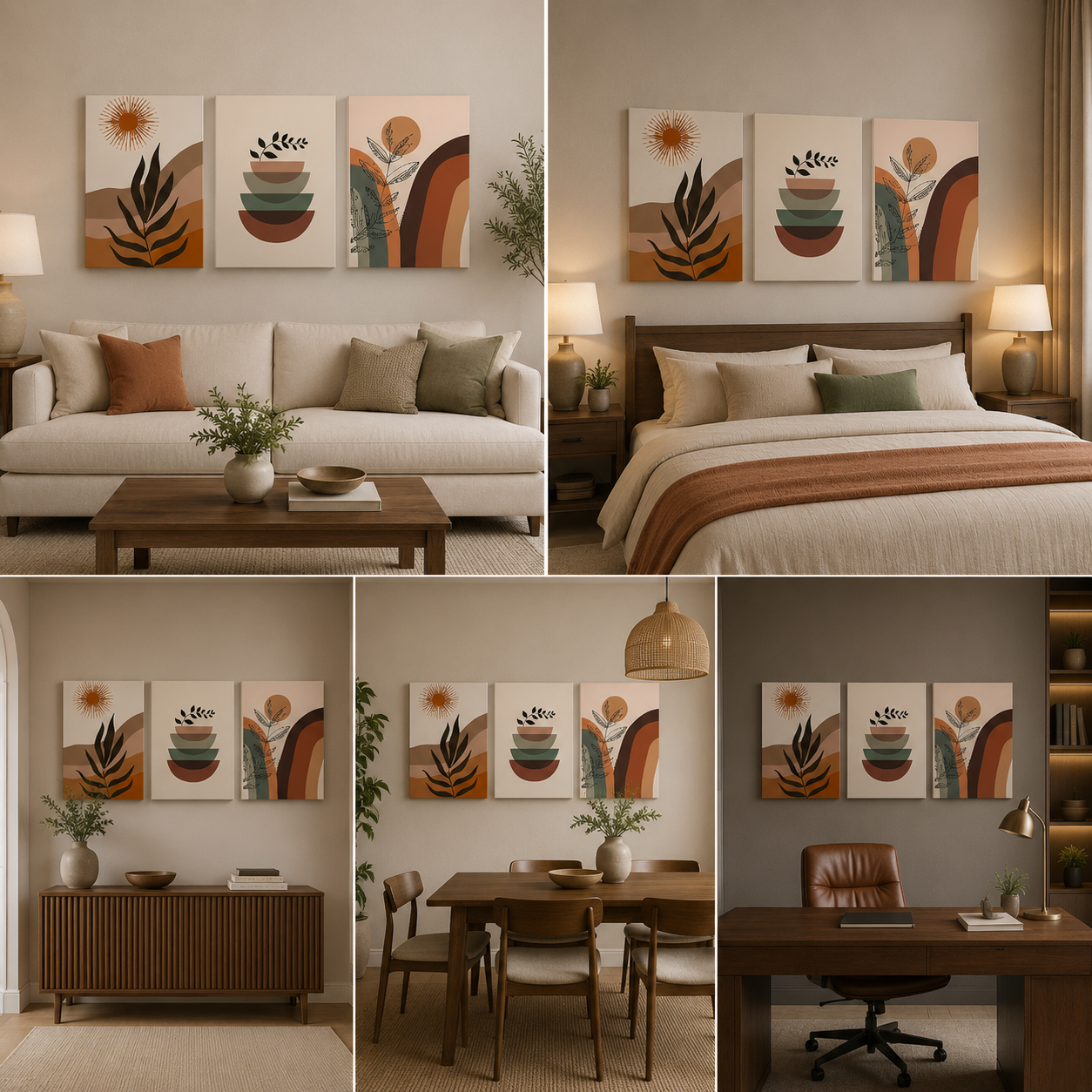 Modern Boho Abstract Wall Art Set of 3 Panels | Sun & Botanical Geometric Canvas | Mid Century Acrylic UV Printed Wall Decor (18 x 24 Inches Each Part)