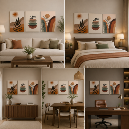 Modern Boho Abstract Wall Art Set of 3 Panels | Sun & Botanical Geometric Canvas | Mid Century Acrylic UV Printed Wall Decor (18 x 24 Inches Each Part)