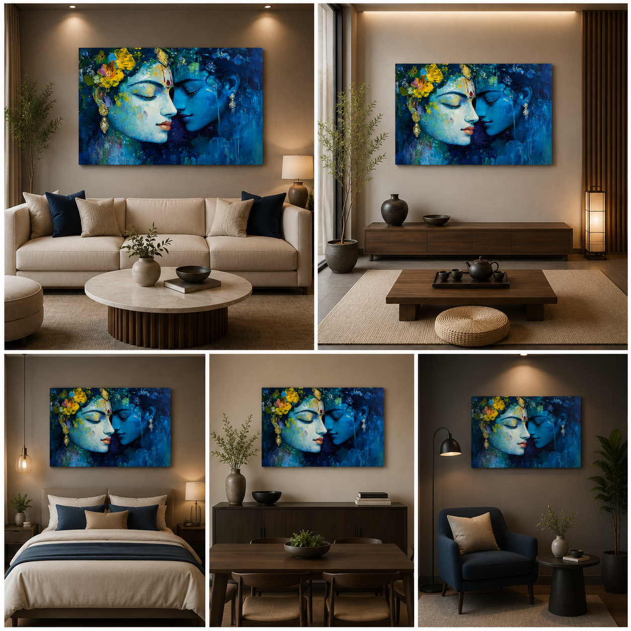Radha Krishna Blue Abstract Canvas Painting Frame Wall Decor for Living Room Modern Spiritual Artwork