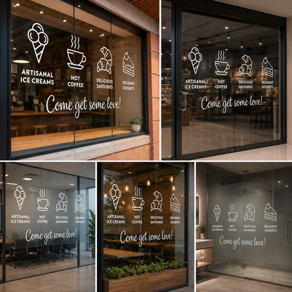 Cafe Window Vinyl Glass Sticker with Food Icons for Coffee Shop, Ice Cream & Bakery Branding