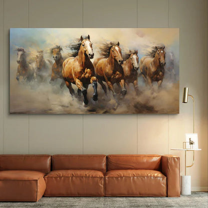 Painting of running horses on a wall above a brown leather sofa.