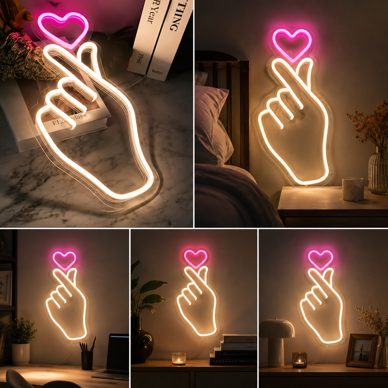 Finger Heart Neon Sign Board | Cute LED Neon Light Sign for Room Decor & Aesthetic Wall Decoration