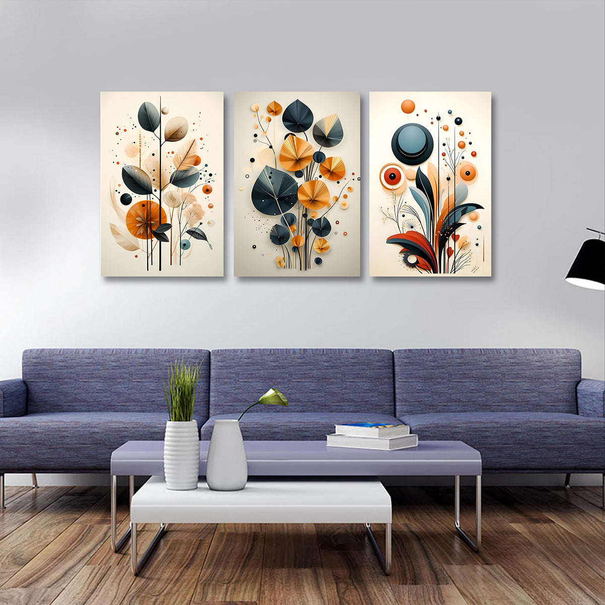 Abstract botanical geometric wall art set of 3 modern floral canvas painting for home decor
