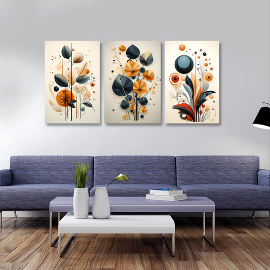 Abstract botanical geometric wall art set of 3 modern floral canvas painting for home decor
