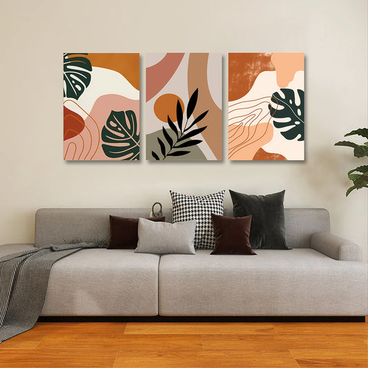 Abstract botanical wall art set of 3 modern leaf canvas painting for home decor
