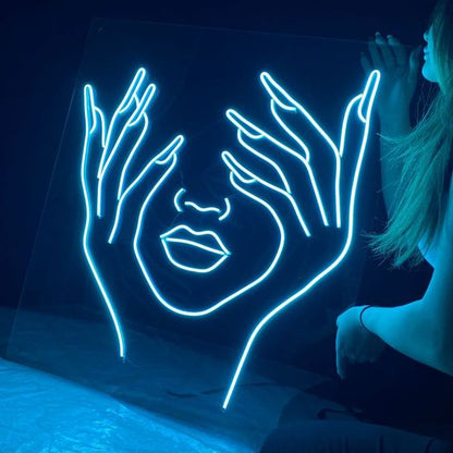 Abstract face hands neon sign board customised blue neon light for modern wall decor
