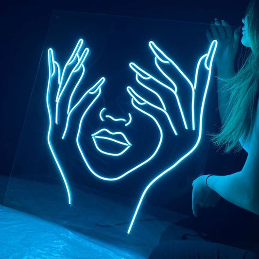 Abstract face hands neon sign board customised blue neon light for modern wall decor