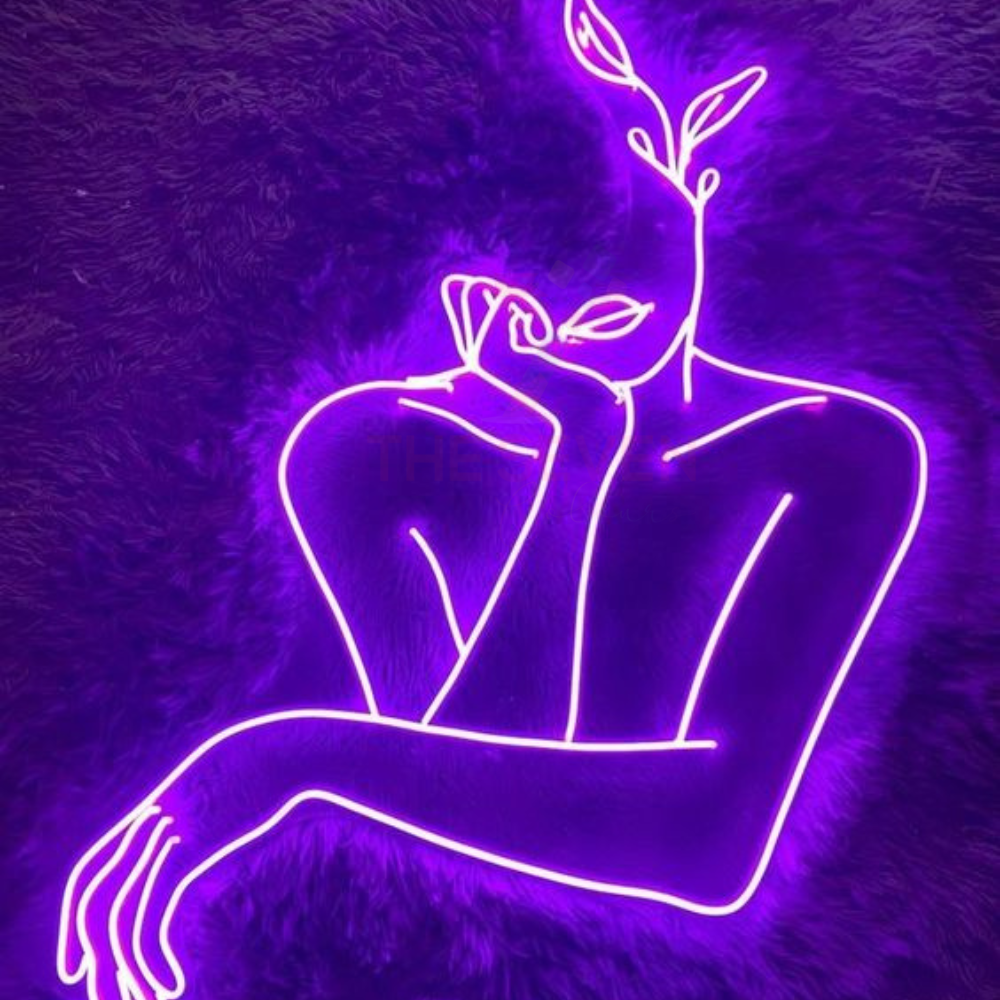Abstract face line art neon sign board purple neon light aesthetic wall decor