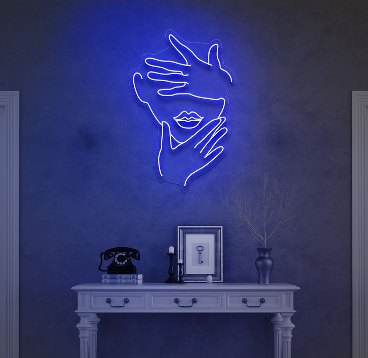 Abstract Face Neon Sign Board Blue LED Wall Decor