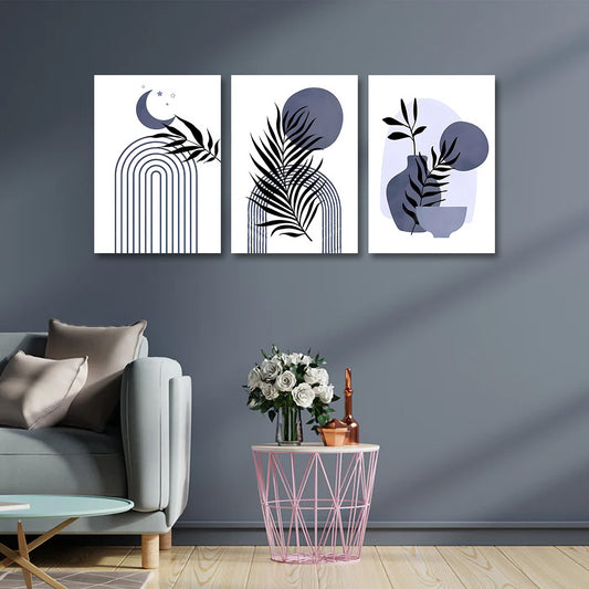 Abstract moon botanical wall art set of 3 minimalist blue leaf canvas painting for home decor
