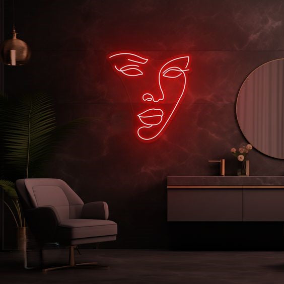 Abstract woman face neon sign board red neon light aesthetic wall decor