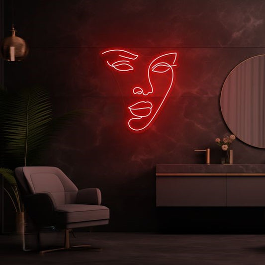 Abstract woman face neon sign board red neon light aesthetic wall decor