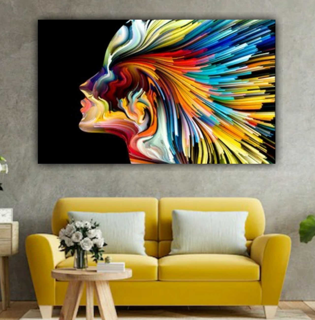 vibrant female portrait canvas wall decor with multicolor abstract design