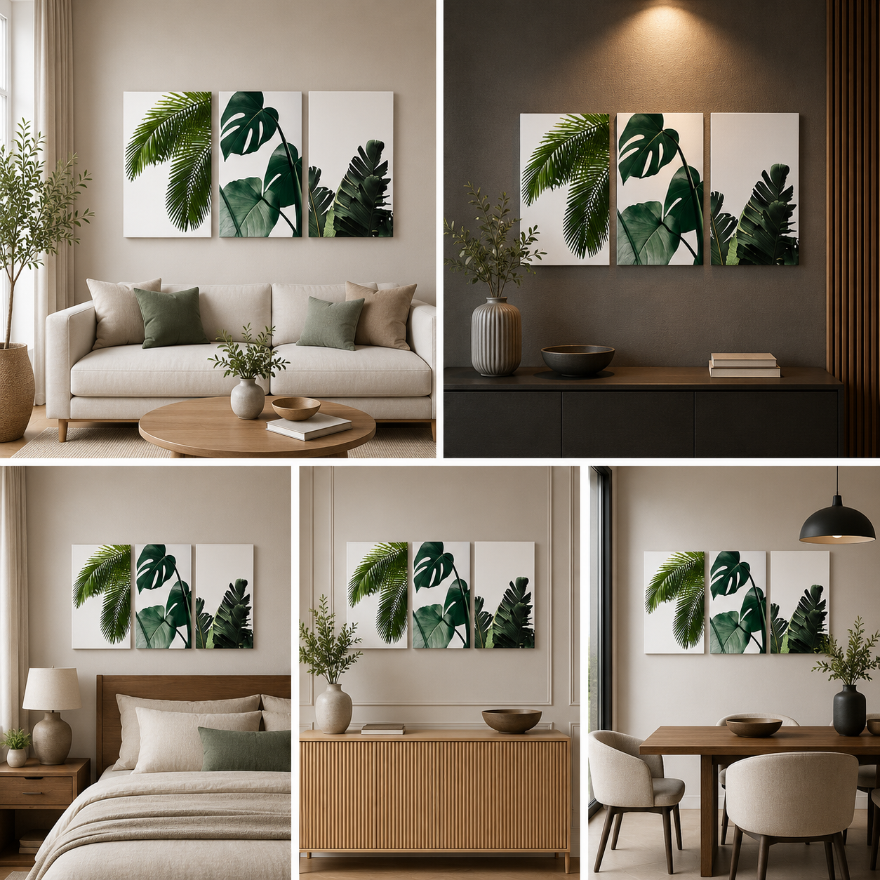 Tropical Leaves Wall Art Set of 3 Panels | Modern Botanical Canvas Painting | Acrylic UV Printed Wall Decor for Living Room Bedroom(18 x 24 Inches Each Part)