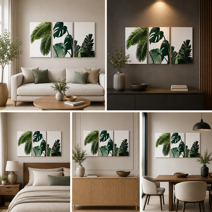 Tropical Leaves Wall Art Set of 3 Panels | Modern Botanical Canvas Painting | Acrylic UV Printed Wall Decor for Living Room Bedroom(18 x 24 Inches Each Part)