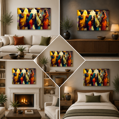 Traditional Indian Women Canvas Wall Painting | Colorful Village Life Artwork for Living Room Decor