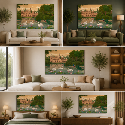 Royal Garden Palace Landscape Canvas Wall Painting | Swan & Peacock Nature Artwork | Premium Scenic Wall Decor