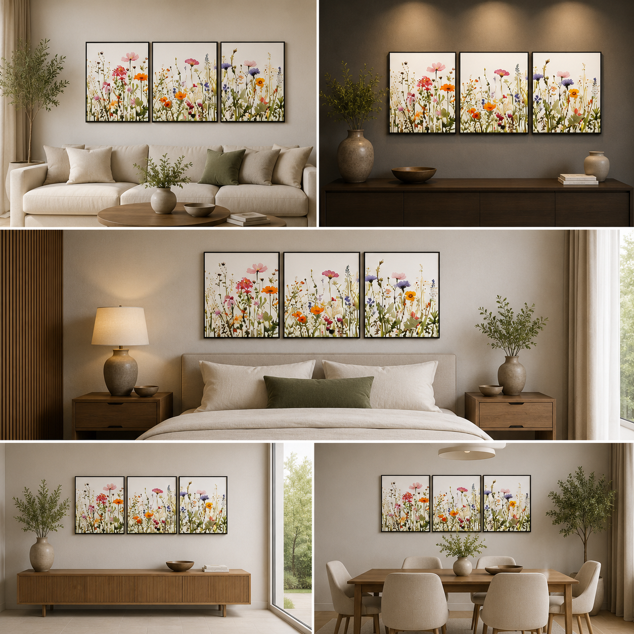 Wildflower Meadow Wall Art Set of 3 Panels | Colorful Floral Canvas Painting | Acrylic UV Printed Wall Decor for Living Room Bedroom (18 x 24 Inches Each Part)