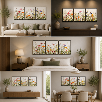 Wildflower Meadow Wall Art Set of 3 Panels | Colorful Floral Canvas Painting | Acrylic UV Printed Wall Decor for Living Room Bedroom (18 x 24 Inches Each Part)