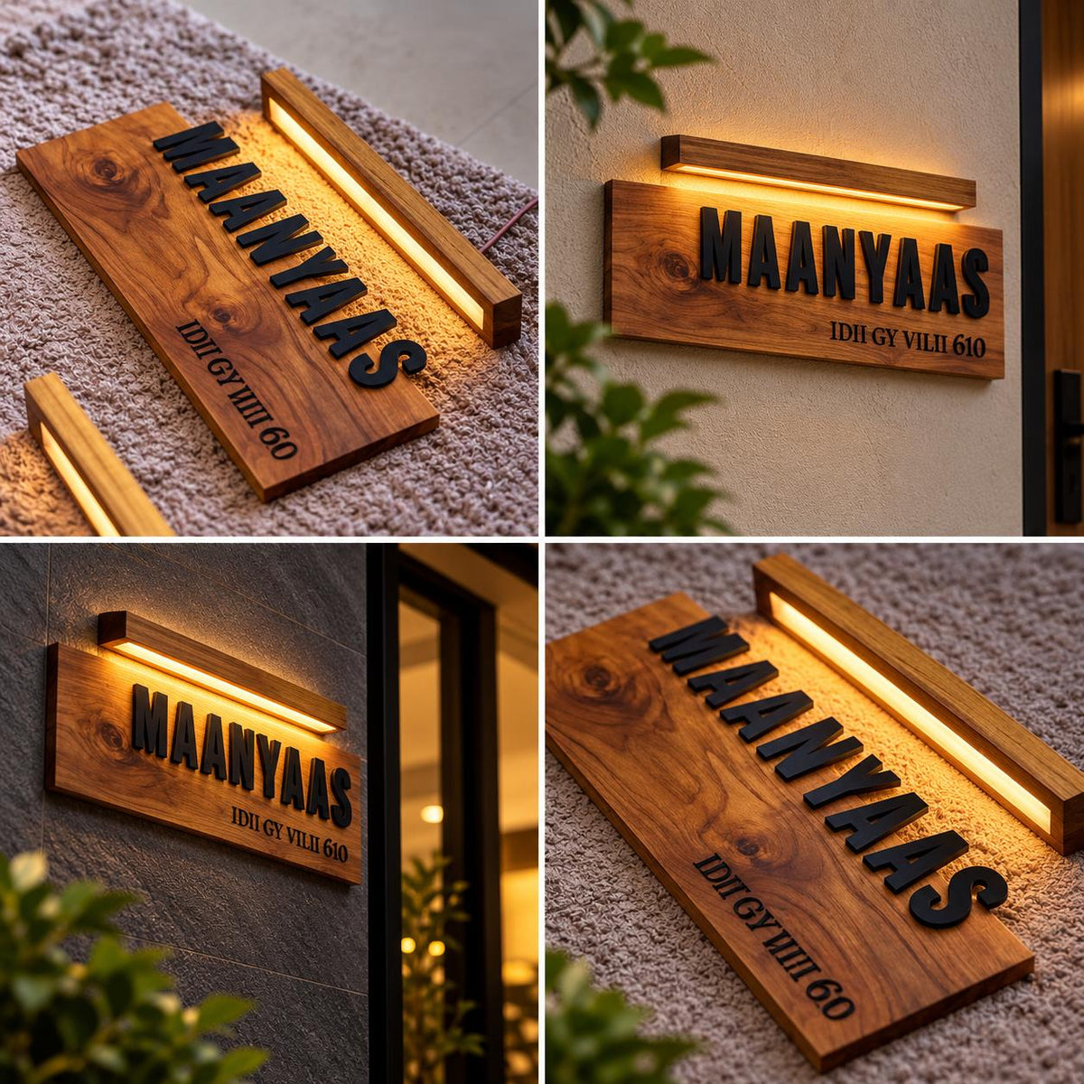 Custom Wooden House Name Plate with 3D Black Letters and Warm LED Entrance Lighting