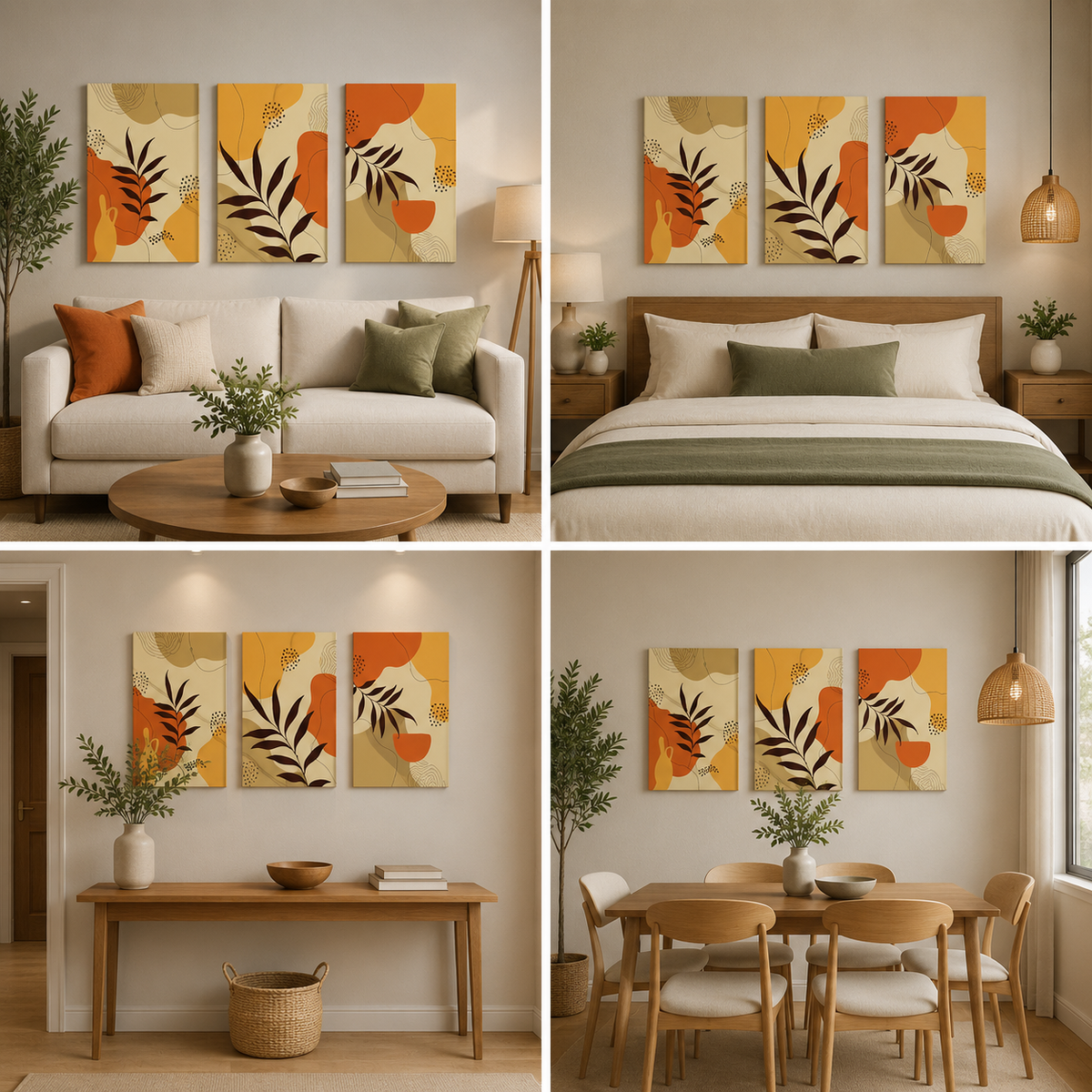Modern Abstract Botanical Triptych Canvas Wall Art for Contemporary Home and Office Decor