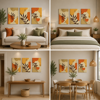 Modern Abstract Botanical Triptych Canvas Wall Art for Contemporary Home and Office Decor