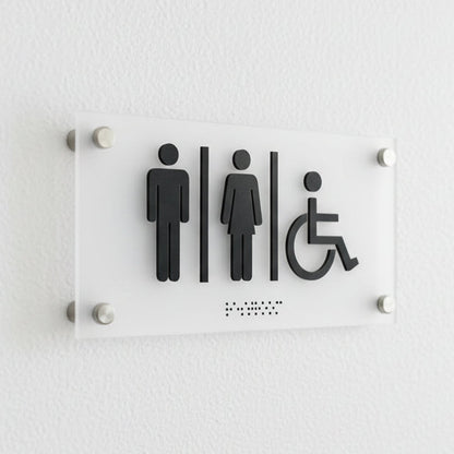 Accessible restroom sign with men women and wheelchair icon with braille
