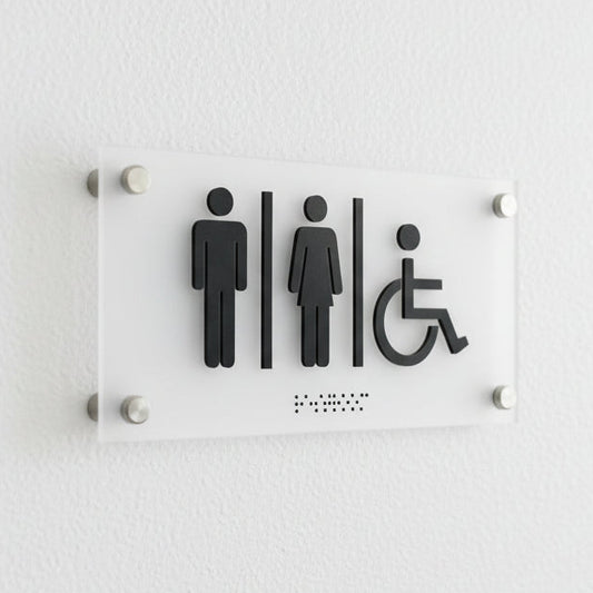 Accessible restroom sign with men women and wheelchair icon with braille
