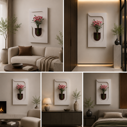 Modern Abstract Wall Vase Panel | Minimalist Decorative Wall Art with Glass Flower Holder | Elegant Home Decor Accent