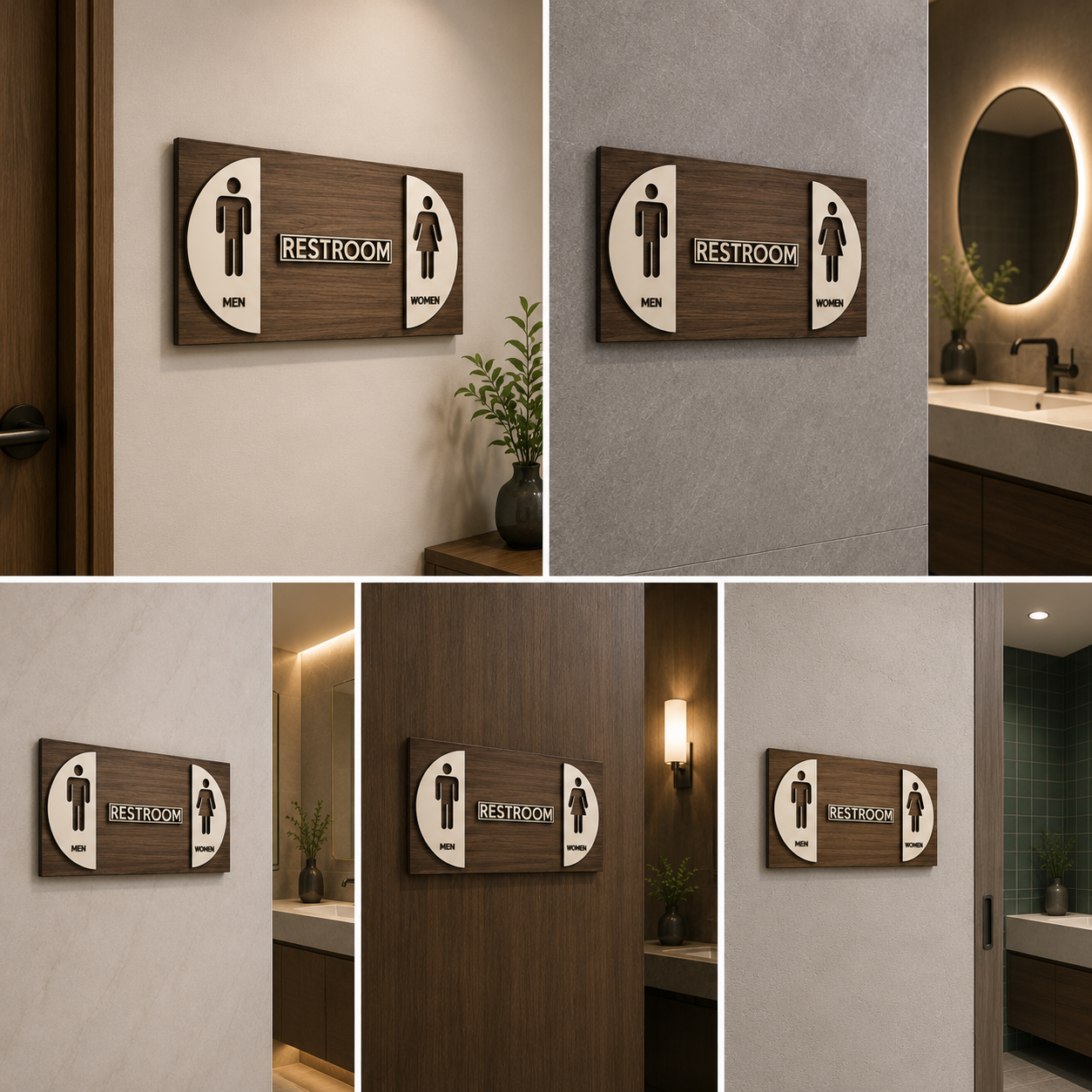 Premium Wooden Restroom Sign Board with Men Women Icons | Modern Washroom Signage for Hotels, Offices & Commercial Spaces