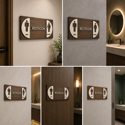 Premium Wooden Restroom Sign Board with Men Women Icons | Modern Washroom Signage for Hotels, Offices & Commercial Spaces