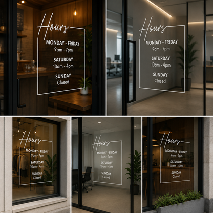 Custom Business Hours Vinyl Glass Sticker for Shop Window & Office Door Branding Signage