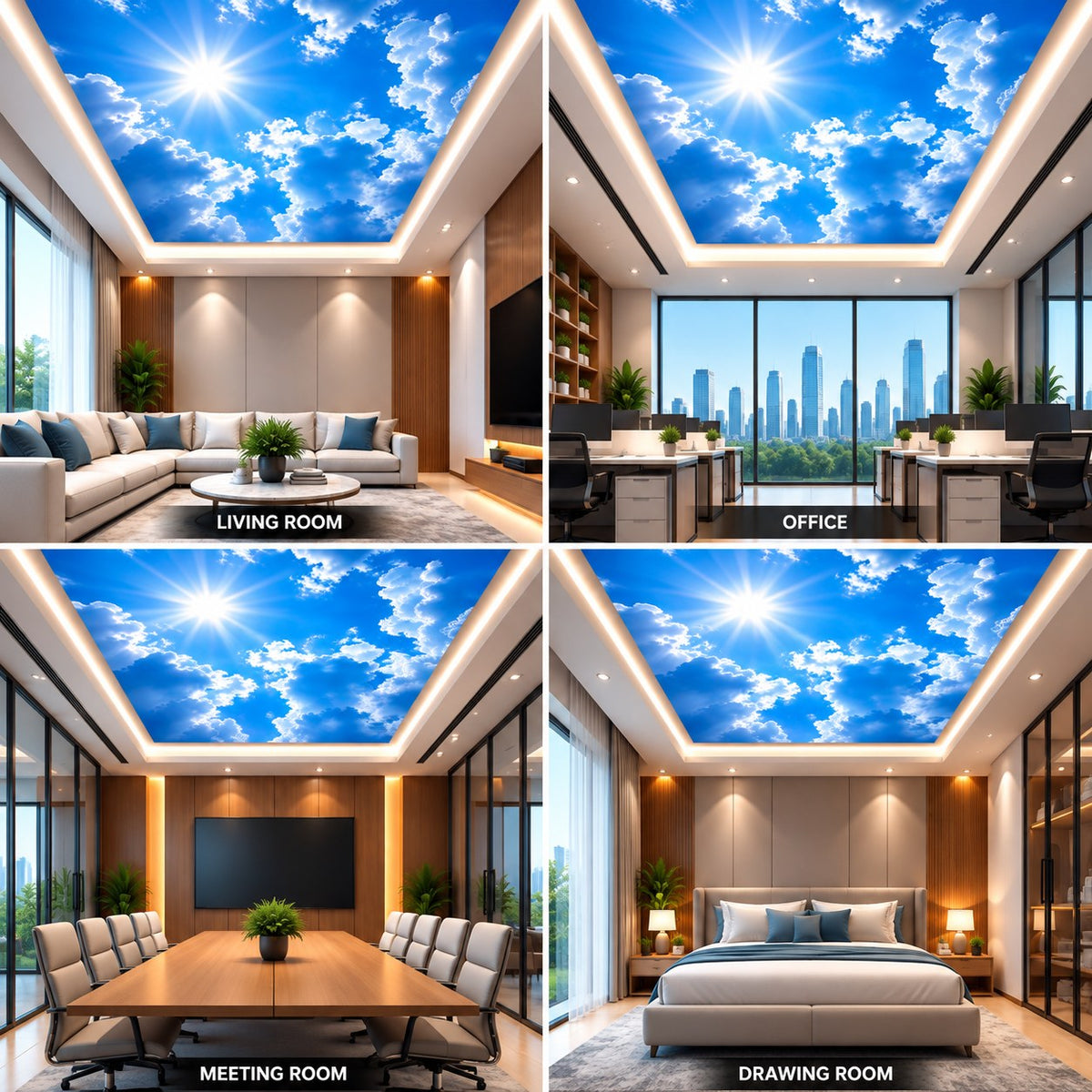 3D Bright Sun Sky Ceiling Design with White Clouds for Luxury Home, Office & Bedroom