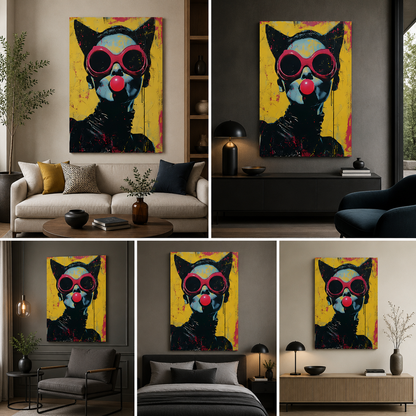 Pop Art Cat Woman Canvas Painting Frame – Modern Abstract Cat Lady Canvas Wall Art Painting Frame for Living Room Wall Decor