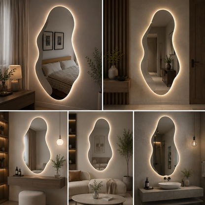 Irregular Full Length LED Mirror with Warm Backlight | Modern Organic Shape Dressing Wall Mirror for Bedroom & Home