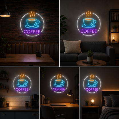 Coffee Neon Sign Board with Circle Frame – Cafe Custom Neon Light Decor (20 By 20 Inches)