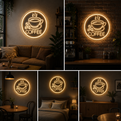 Coffee Neon Sign Board with Beans – Round Custom Neon Light Wall Decor (20 By 20 Inches)