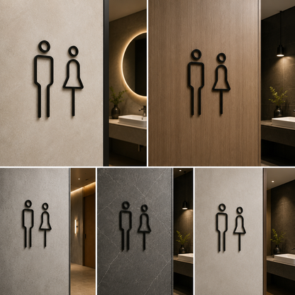 Modern Black Restroom Sign Icons | Minimal Male Female Washroom Signage for Office, Hotel & Commercial Spaces