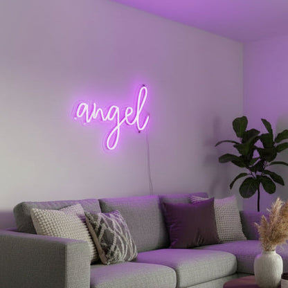 angel neon sign board pink neon light name plate aesthetic room wall decor