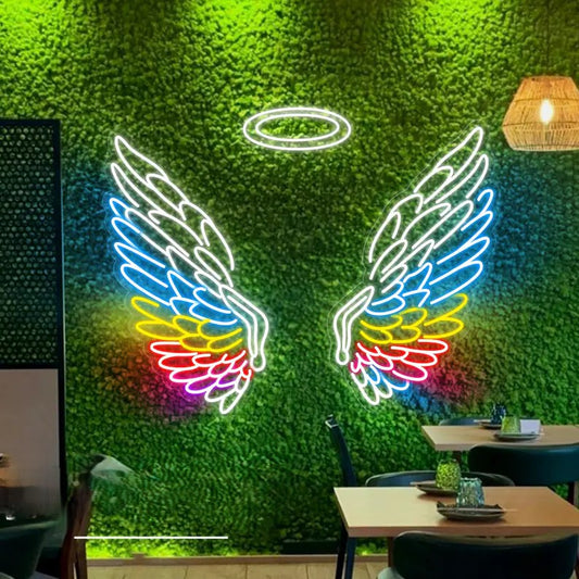 Angel wings with halo neon sign board multicolor LED wall decor