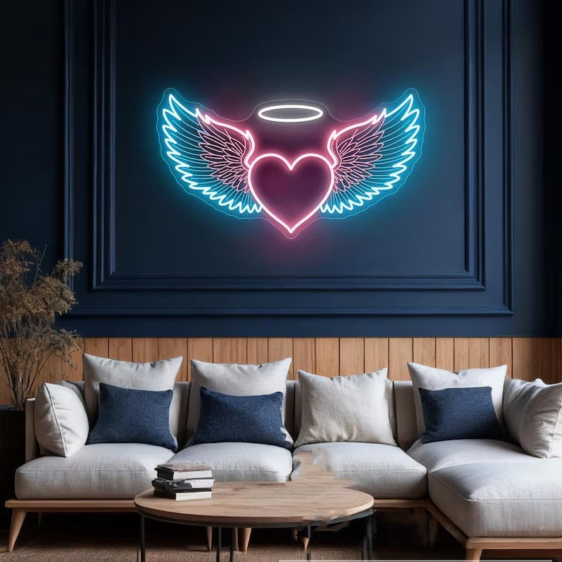 Angel Wings Heart Neon Sign Board with Halo LED Light