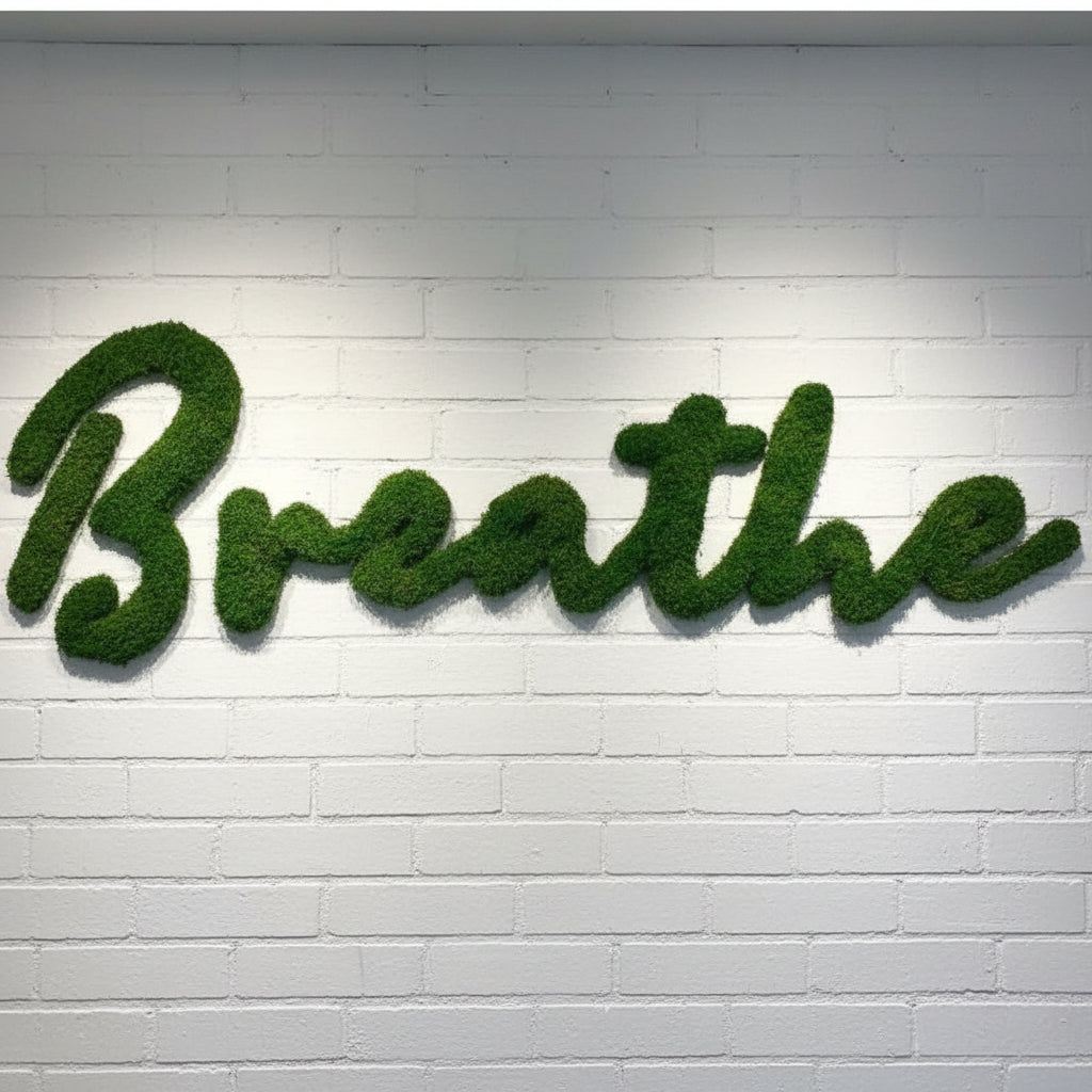 artificial moss breathe wall sign green moss lettering for yoga studio and wellness decor