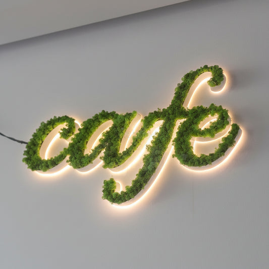 artificial moss cafe wall sign with LED backlit green lettering for coffee shop decor