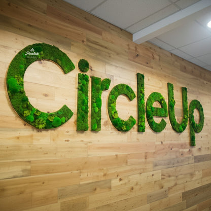 artificial moss circleup wall sign with LED backlit green letters for office branding decor