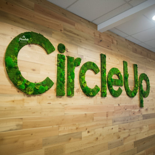 artificial moss circleup wall sign with LED backlit green letters for office branding decor