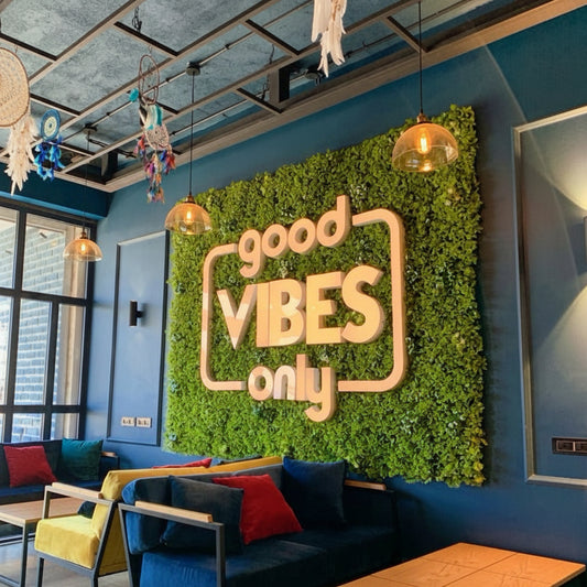 artificial moss wall panel good vibes only sign green feature wall decor for cafe and lounge interiors